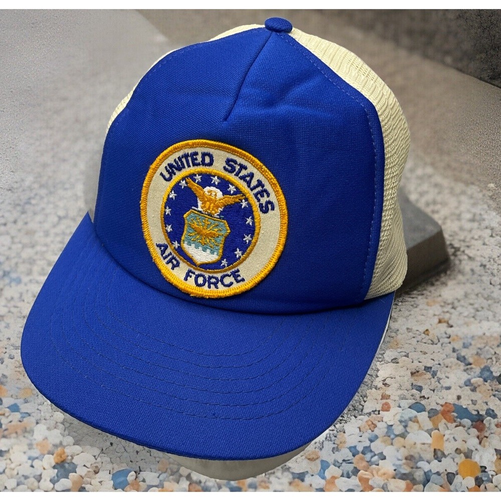 USAF Hat United States Air Force Blue Mesh Trucker Cap Snapback 1980s Vintage